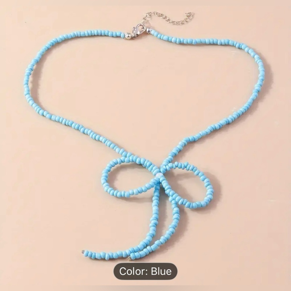 Blue Bow Beaded Necklace with Turquoise Accents